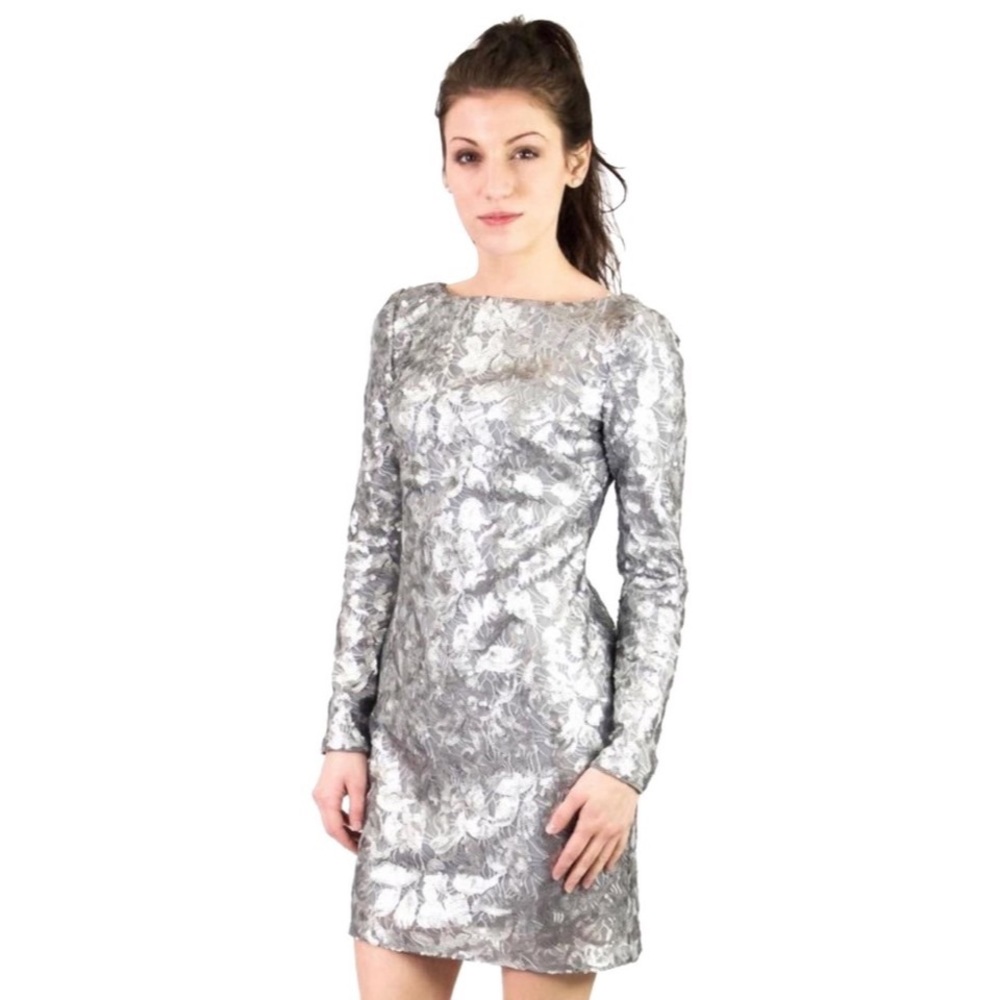 Aidan Mattox Silver Long Sleeve Cocktail Dress